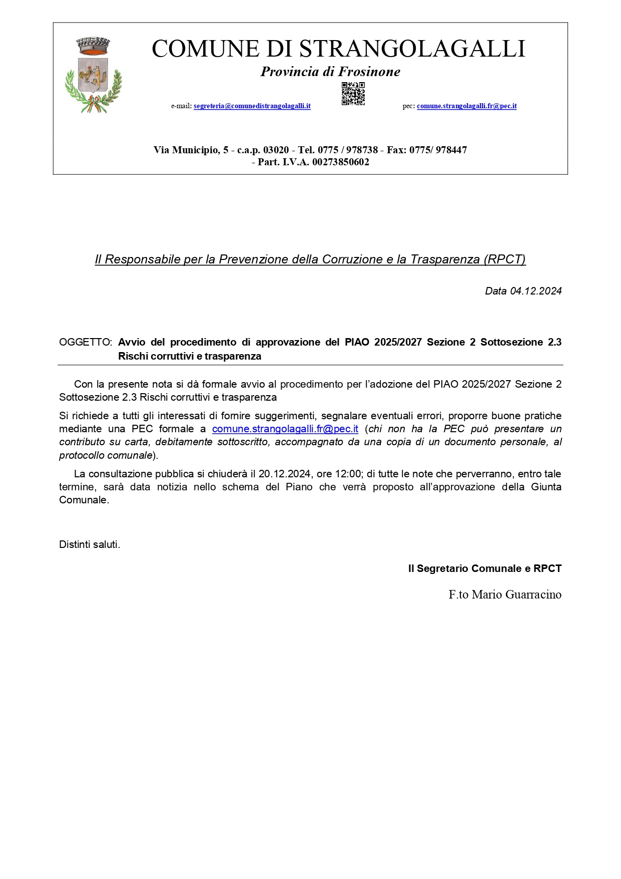 Avvio del procedimento di approvazione del PIAO 2025/2027